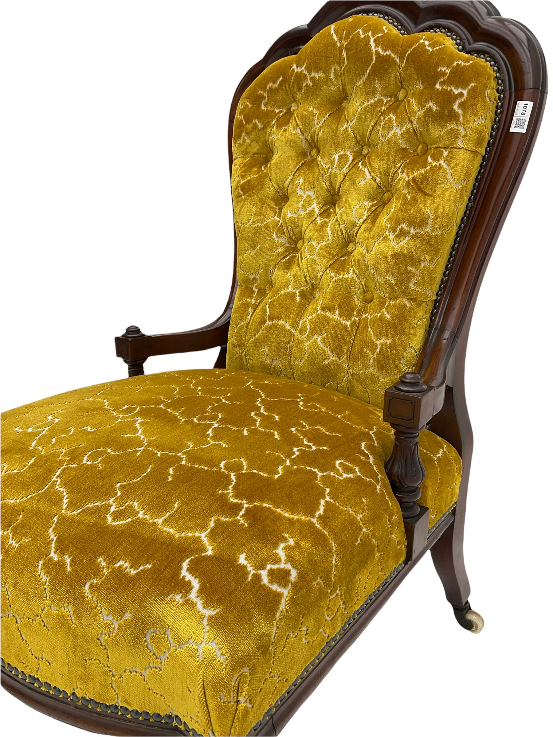 Victorian mahogany framed chair, upholstered in pale gold embossed