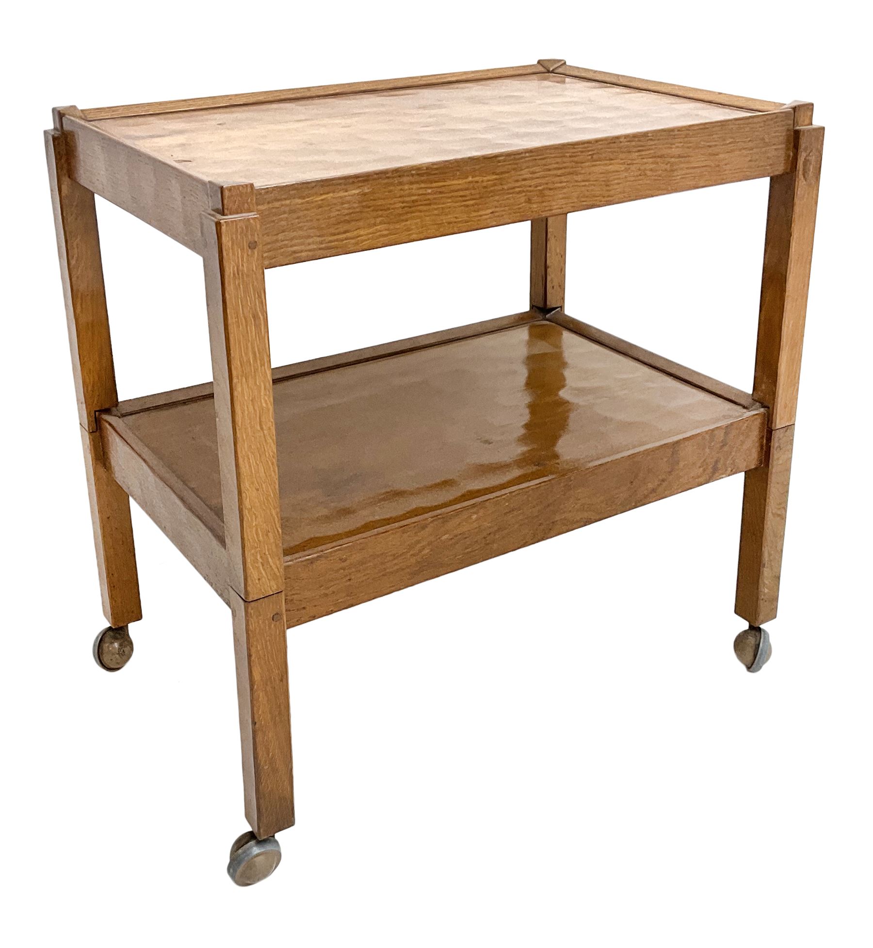 'Acornman' oak tolley with removable upper occasional table, all over adzing, by Alan Grainger of Brandsby, York