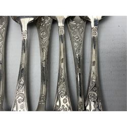 White metal flatware, comprising three table spoons, and ten teaspoons, marked 800, approximate weight 289 grams