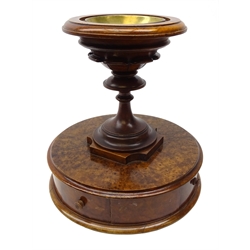  Victorian desk tidy, the burr wood drum shaped base with pull through fitted drawer and two smaller drawers, with turned and carved column supporting a bowl top, H30cm   
