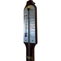 Rapport London -  20th century mercury stick barometer, in a mahogany case with a silver register and an adjustable circular brass recording collar, register indicating barometric air pressure from 27 to 31 inches, with a Fahrenheit spirit thermometer, full length visible cistern tube with a turned wooded cover to the base. 