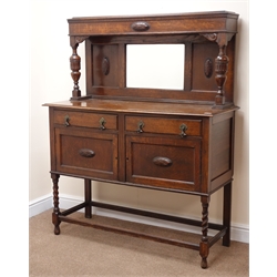 Victorian mahogany chest, four graduating drawers, turned supports (W112cm, H118cm, D48cm) and an Edwardian walnut chest, three small and two long drawers, plinth base (W119cm, H81cm, D51cm) and an Edwardian oak raised mirror back sideboard, two drawers, two cupboards (W122cm, H152cm, D48cm) (3)  