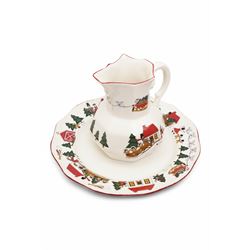 Masons Christmas Village tea wares, designed by Marsten-Mandrajji, comprising three-tiered an other cake stand, large bowl and jug, two twin-handled serving dishes, mug and two teacups, plates of various sizes etc