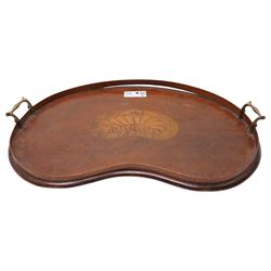 Edwardian inlaid mahogany kidney shape two handled tray