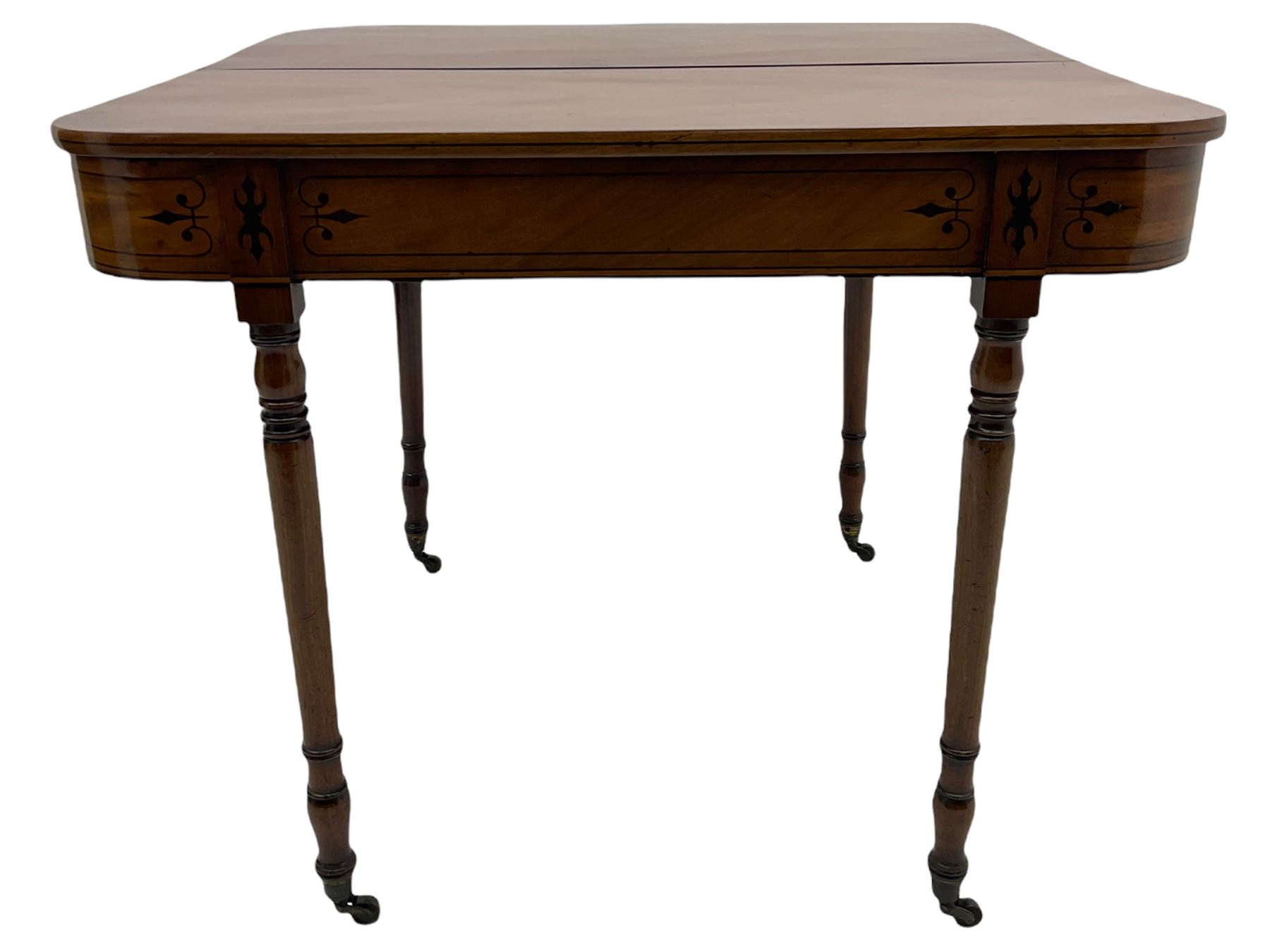 Early 19th century inlaid mahogany D-shaped tea table, fold-over top