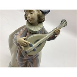 Lladro Musical Harlequins set, comprising Circus Serenade no 5694, Harlequin / Concertina no 5695 and Mandolin Serenade no 5696, all with original boxes, largest example H18cm