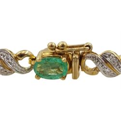 9ct gold oval emerald and diamond chip bracelet, stamped 375