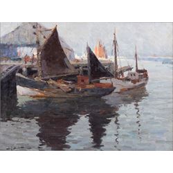 Jef Dutilleux (Belgian 1876-1960): Ships in Moonlight, oil on canvas signed 44cm x 59cm