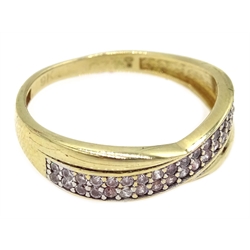  Gold double row diamond crossover ring, stamped 9K  