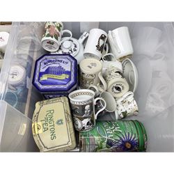 Large collection of ceramics to include God Speed the Plough loving cup, Denby, Coalport, Portmeirion, quantity of mugs etc in four boxes