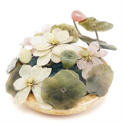 Chinese hardstone floral arrangement with water lilies and  lily pads in shades of green, ...