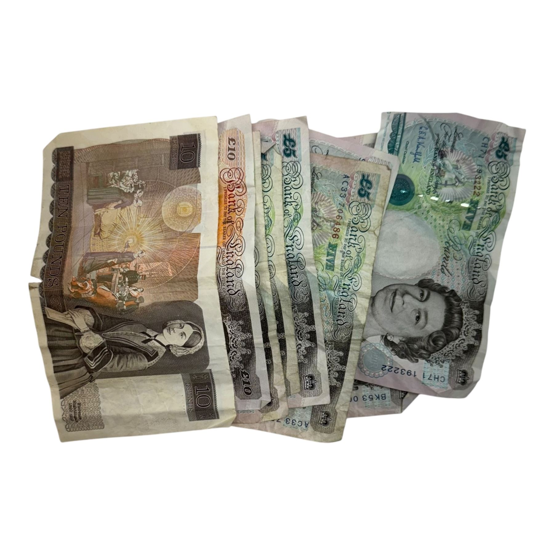 Coins and banknotes, including Bank of England Gill ten pound note 'HN21', seven Kentfield five pound notes, Kentfield ten pounds 'JK20' and a small number of Queen Elizabeth II coins