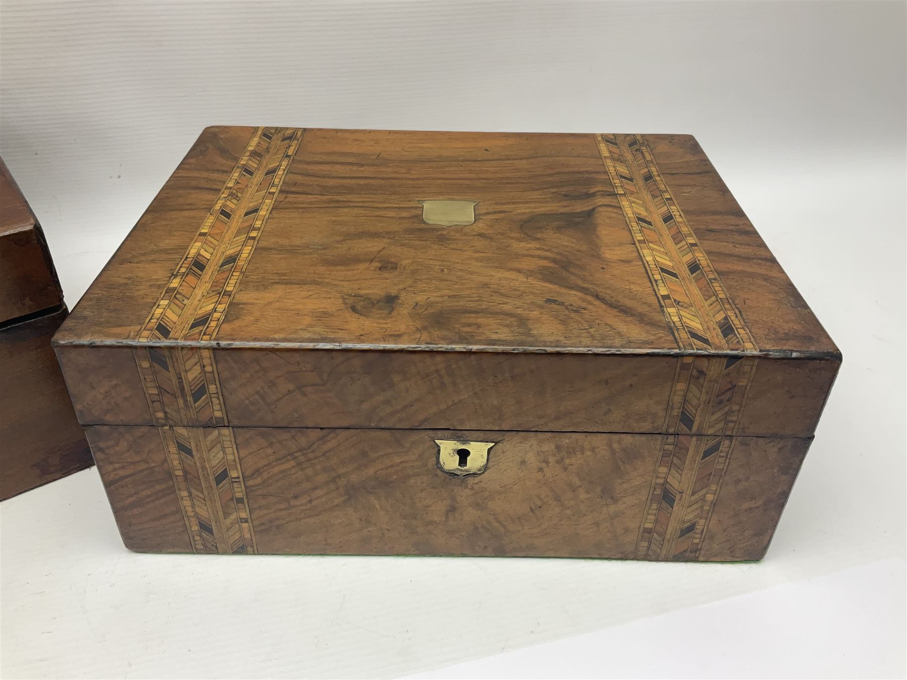 Victorian walnut and parquetry banded work box with brass shield and escutcheon, L30cm, together with mahogany writing slope with green baize writing surface, L35cm