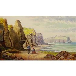 Henry Hellewell (British 19th century): Figures on Beach Cornelian Bay Looking Towards Scarborough, oil on board signed 33cm x 55cm