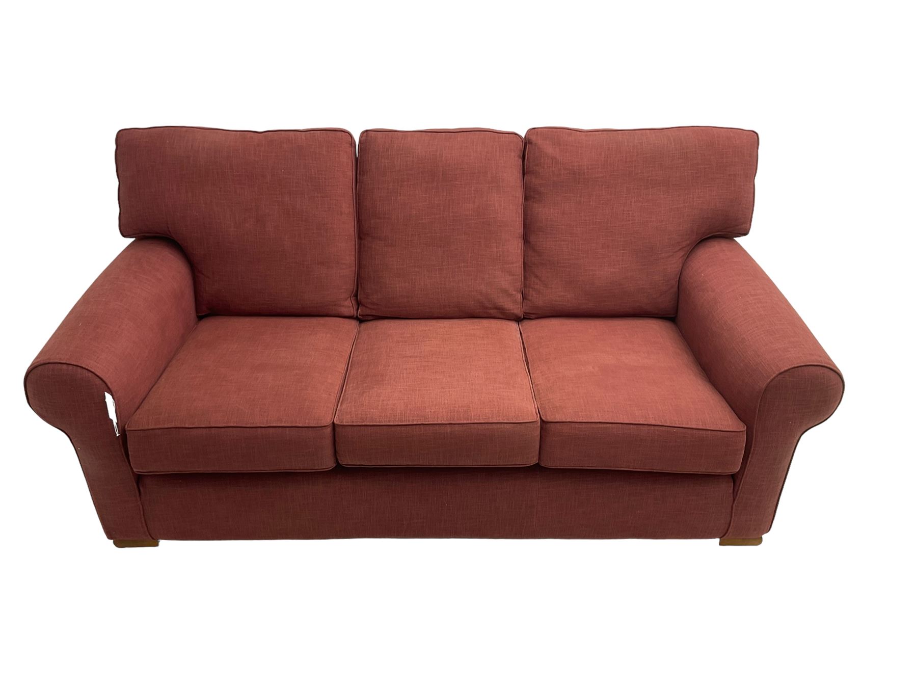 Multiyork - traditional three seat sofa upholstered in claret red fabric (W200cm H80cm); and pair matching armchairs (W103cm) 
