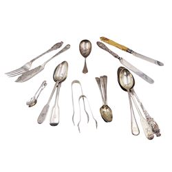 Victorian and later silver flatware, including sugar tongs, spoons and knives, one knife with embossed silver handle and one with vegetable ivory handle, all hallmarked with varying dates and makers