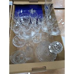 Large collection of glassware, including two ship decanters, Edinburgh crystal, Royal Doulton, red glass, etc in six boxes 