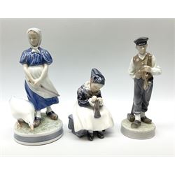 Three  Royal Copenhagen figures, girl knitting 1314, girl standing with a goose 527 and man in traditional Dutch clothing with hammer 620