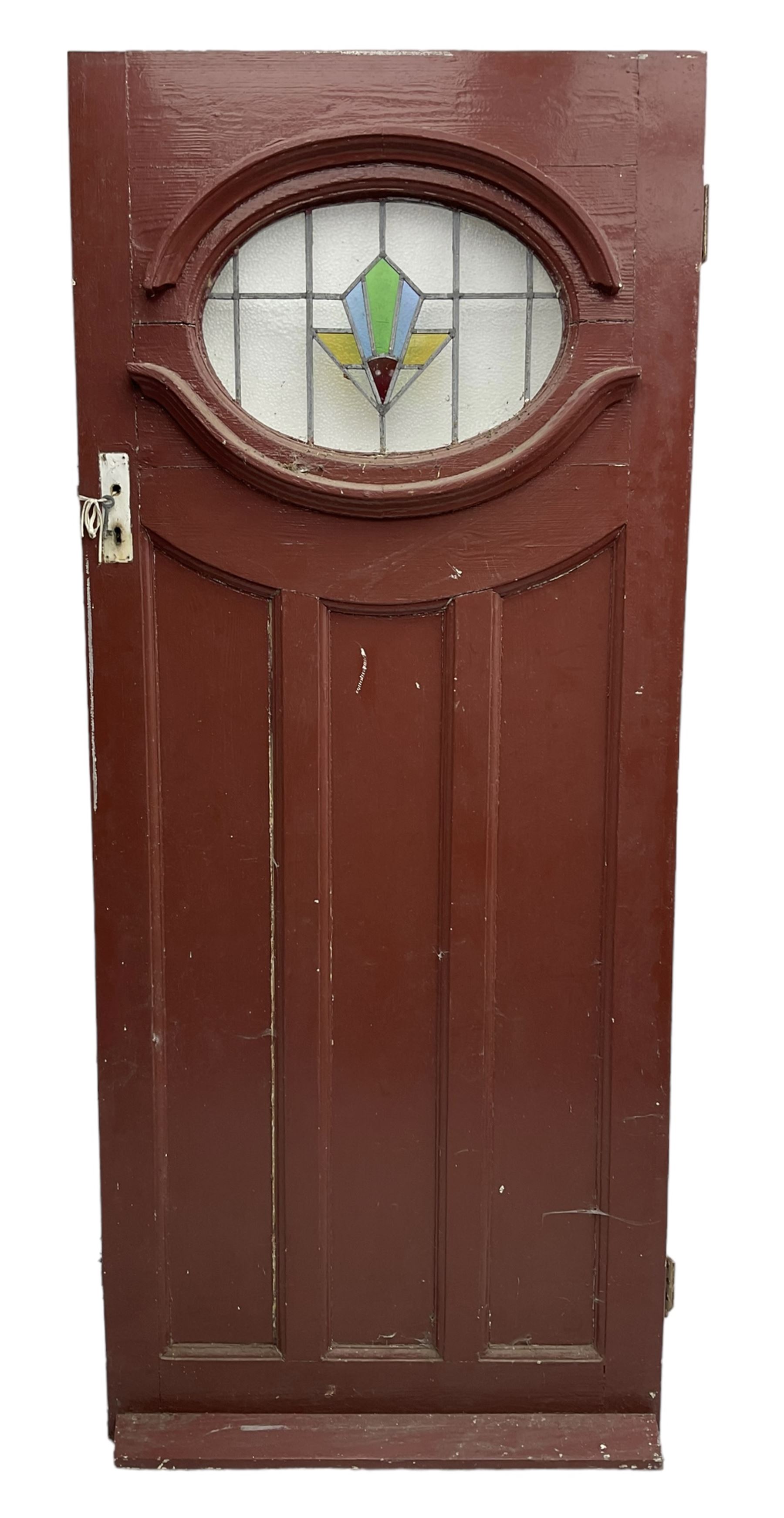 1930s external door with stained leaded glass panel (86cm x 203cm), six small stained glass windows in wooden frames (W52cm); and various loose stained leaded glass panels