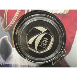 Five The Royal Mint Royal Mail silver proof coin covers, comprising 2021 'HG Wells' with two pounds, 2021 'HM The Queen's 95th Birthday' with five pounds, 2022 'Her Majesty The Queen's Platinum Jubilee 70 Years' with five pounds, 2022 'Her Majesty The Queen's Platinum Jubilee 70 Years' with fifty pence and 2022 '150 Years of The FA Cup' with two pounds, all in Royal Mail card boxes