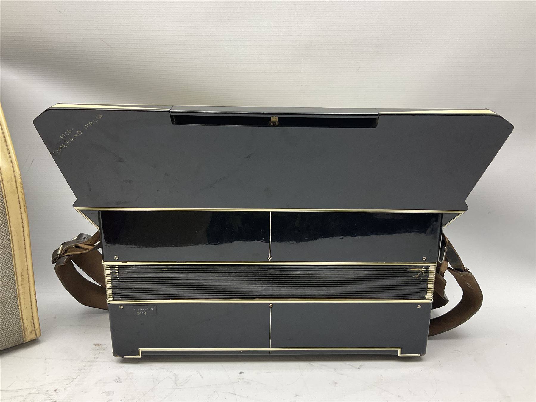 Scandalli Vibrante Three piano accordion in Art Deco black and white case with jewelled decoration, twenty-four keys and one-hundred and twenty buttons; inscribed '5700 Camerano Italia'; serial no.3414 L54cm; in carrying case with strap