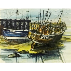  Fishing Boats Moored in Whitby Harbour, two watercolours signed by Roger Murray (British Contemporary), also signed, titled and inscribed 'The Studio Robin Hoods Bay' verso 17cm x 22cm (2)  