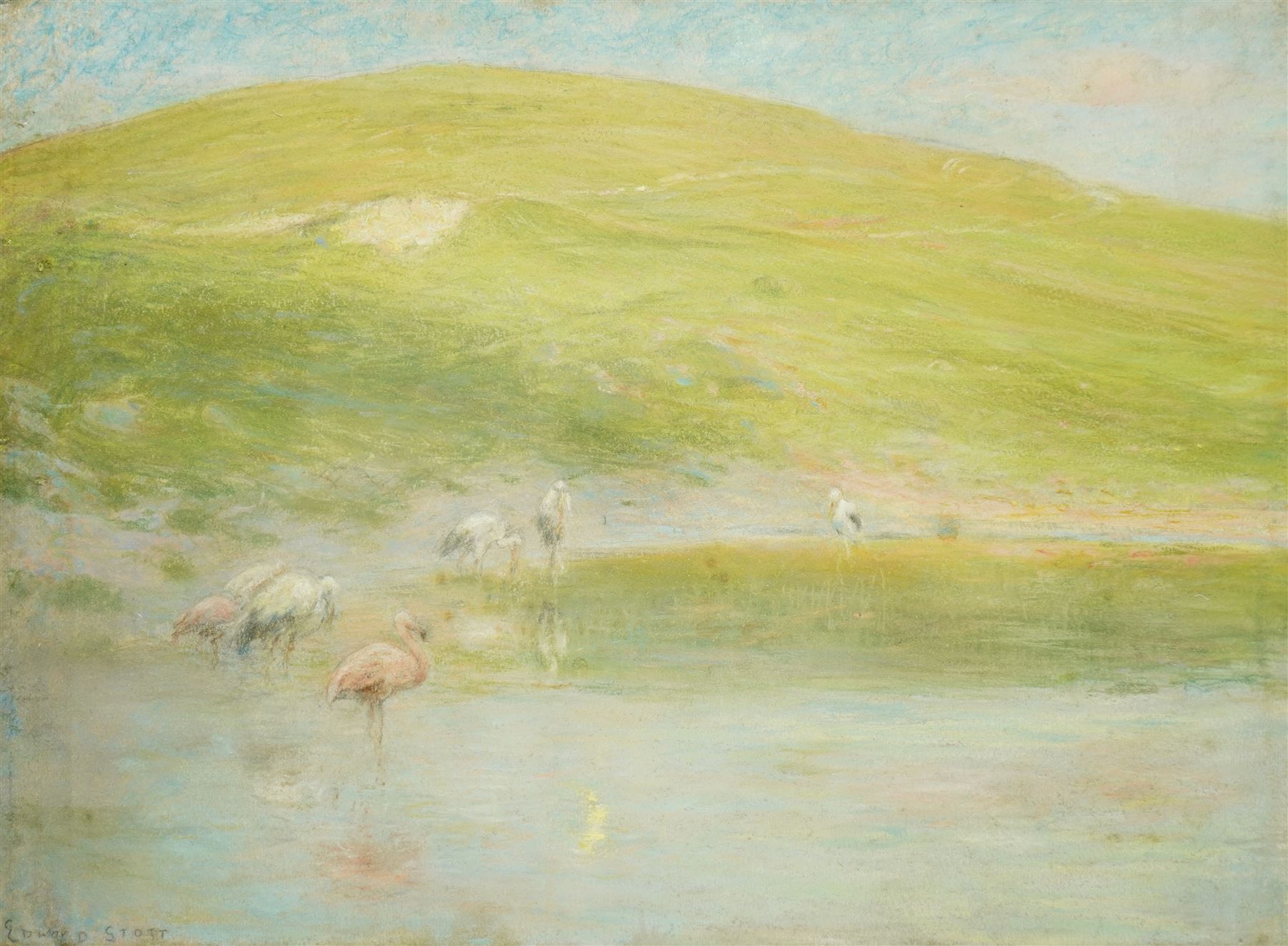 Edward William Stott (British 1859-1918): Flamingo's at the Watering Pool, pastel signed 30cm x 41cm