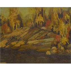 D M Stafford? (Canadian early 20th century): 'Autumn Lake Muskoka' Ontario, oil on board signed, titled and signed verso 24cm x 29cm