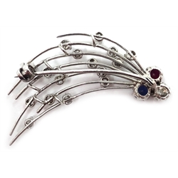  Diamond, ruby and sapphire shooting star 18ct white gold (tested) brooch  