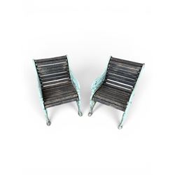 Pair of unusual Victorian revival heavy cast iron garden chair benches, ornate scrollwork detail with squirrels and nature, serpentine wood slatted seat and back - design by George Smith at the Sun Foundry, Glasgow