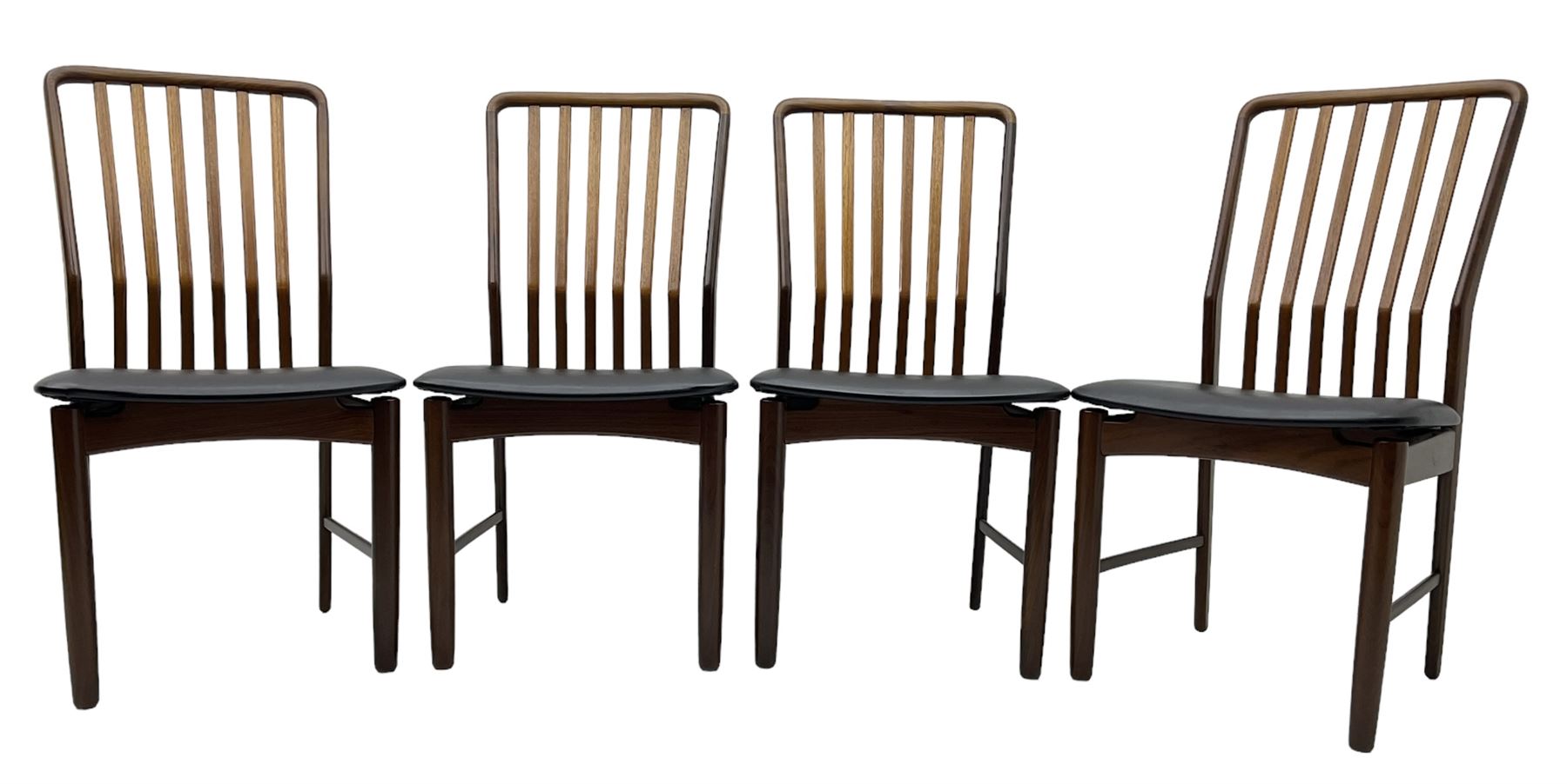Svend Aage Madsen for Moreddi - set of four teak dining chairs, angular vertical slat back over upholstered seat, on turned front supports 