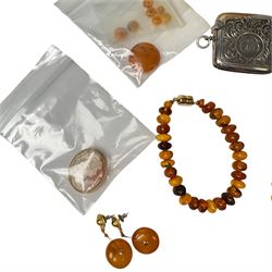 Amber type beads and earrings, silver Albert chain, silver vesta case  and a 9ct gold cameo brooch