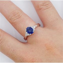 Platinum oval cut sapphire and six stone round brilliant cut diamond ring, hallmarked, sapphire approx 0.90 carat