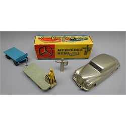  Prameta Kolner Automodelle clockwork nickel plated die-cast Type 2 Mercedes-Benz 300 with traffic policeman key and paperwork in box (lacking one end flap) together with a Dinky B.E.V. Truck No.400 and Dinky flat-bed trailer, both unboxed (3)  