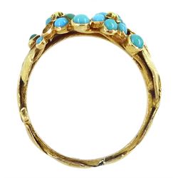 19th/early 20th century 18ct gold cabochon turquoise flower ring, with leaf design shoulders