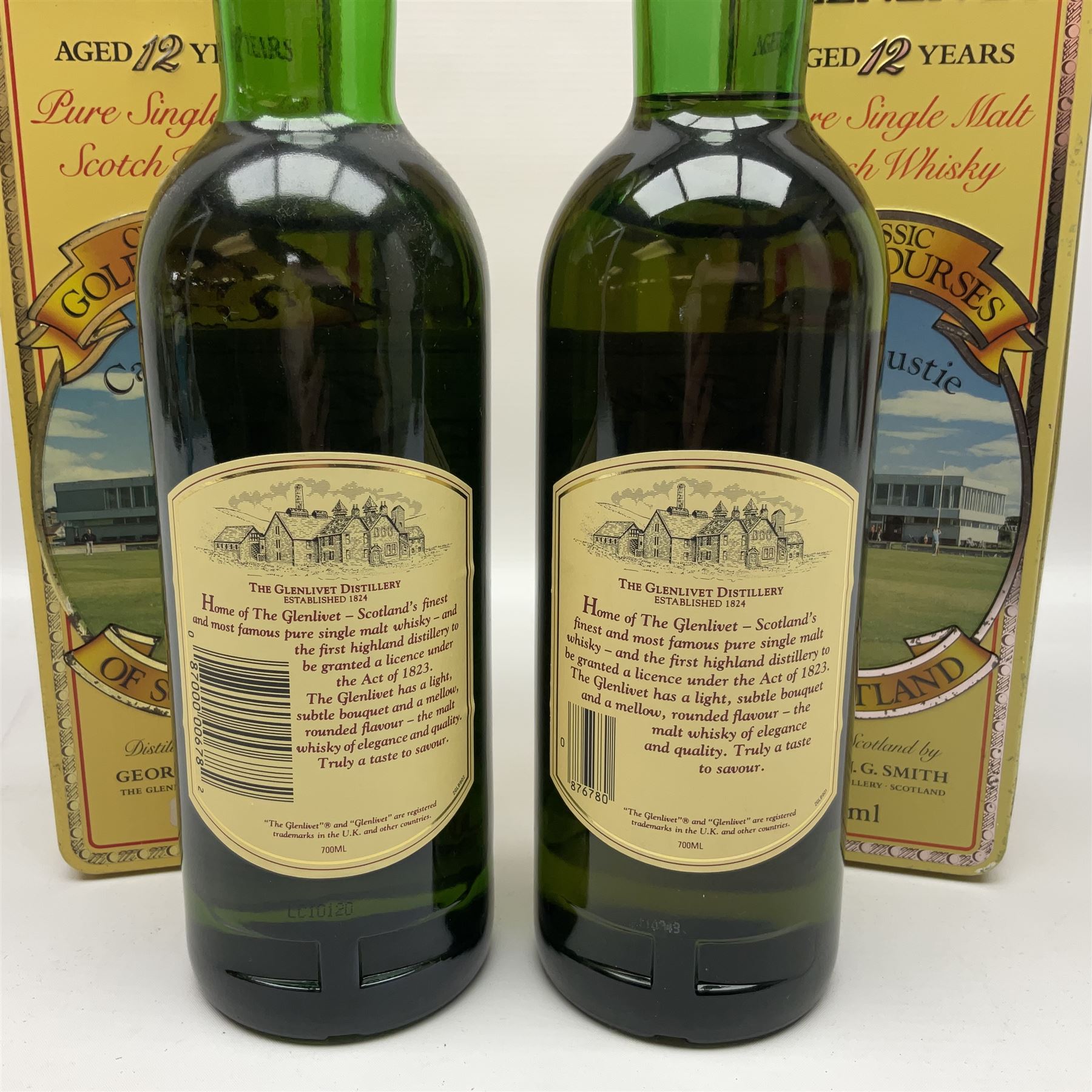 Two Glenlivet 12 year old, single malt Scotch whisky, 700ml 70% vol, each in original Classic Golf Clubs of Scotland Carnoustie presentation tin