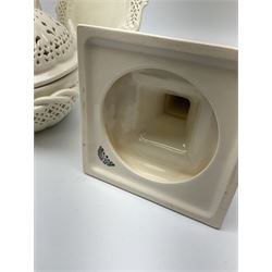 Collection of Harley Greens & co Leeds pottery creamware, including two candle sticks H14.5cm, two twin handled bowls, three plates, square tray and lidded bowl. 