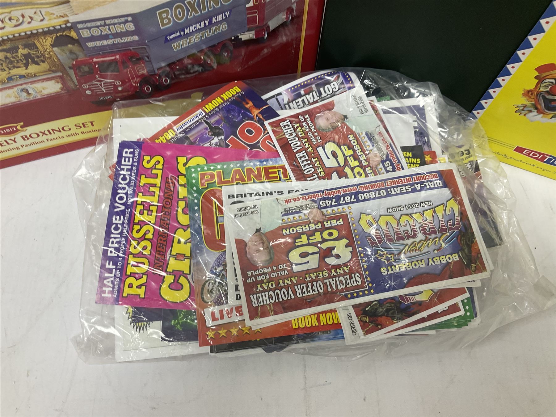 Corgi - Showman's Range 31012 Mickey Kiely Boxing Set; Premium Limited Edition The Greatest Show on Earth CC12606 Scammell Crusader Box Trailer Robert Bros.; limited edition 97893 A.E.C. Mercury Truck and Trailer J. Ayers; all boxed; together with large quantity of circus tickets, hand bills. flyers etc