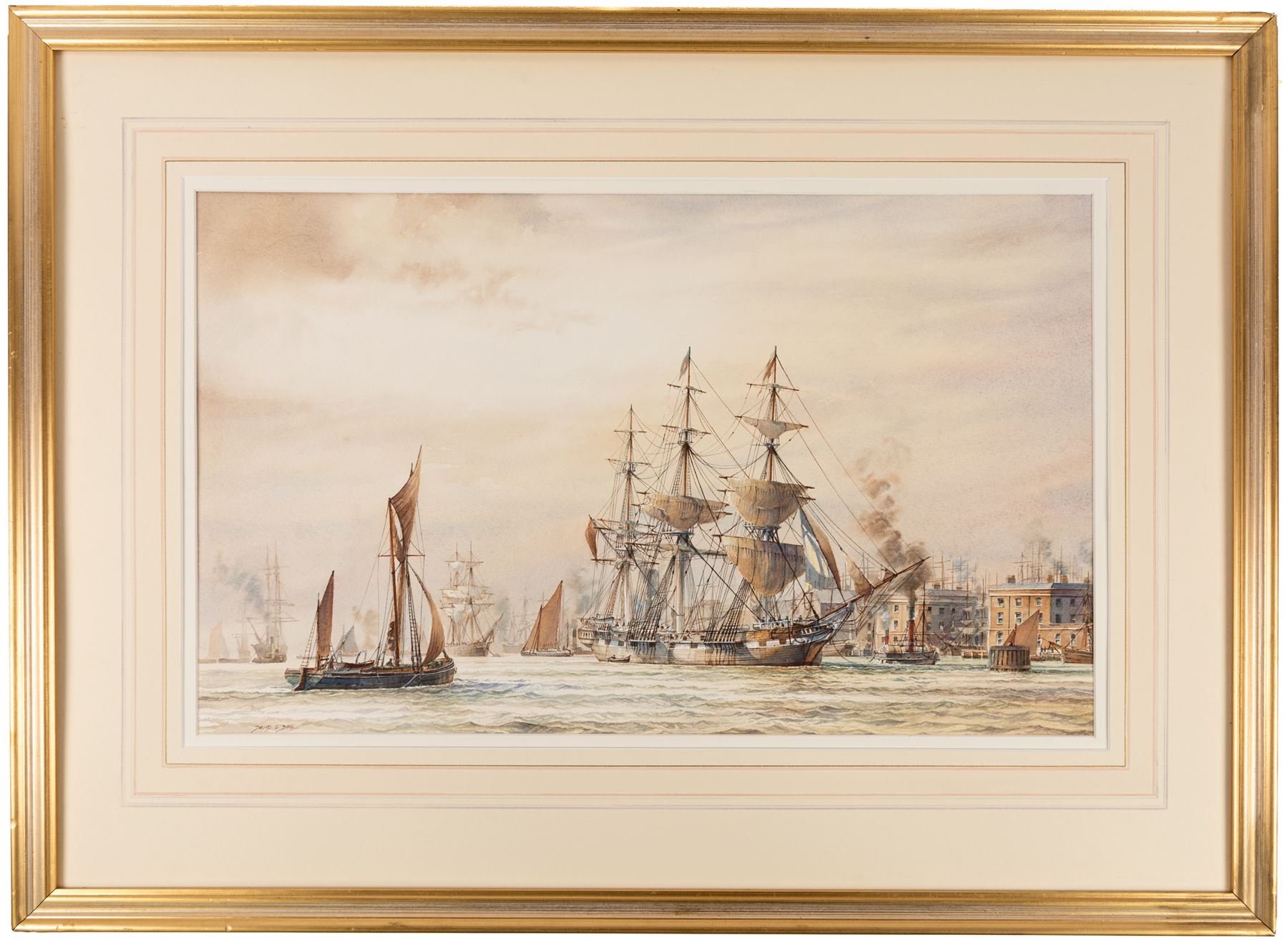 David C Bell (British 1950-): 'True Briton off Wapping c1867', watercolour signed, titled verso 38cm x 63cm
Notes: The True Briton was built in 1861 for R Wigram & Sons at the famous Blackwall Yard on the Thames. The third ship of that name, this wood-built passenger ship, 1046 tonnes and 195 feet in length, was the final development of the 'Blackwall' or more accurately 'frigate-built' ship, made famous by the Honourable East India Company, of which the Wigram and Greene Yards at Blackwall built so many. Seen here leaving Wapping for a passage to Australia the True Briton was last owned by John Smith of London and ended her days as a coal-hulk. 