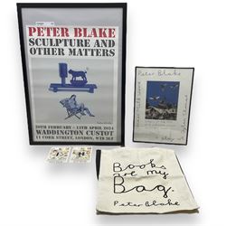Peter Blake (British 1932-): 'H' and 'E' Postcards from 'An Alphabet' series, signed; together with two posters 'Peter Blake - Sculpture and Other Matters' and 'Under Milk Wood', and a 'Books are my Bag' tote bag (5)