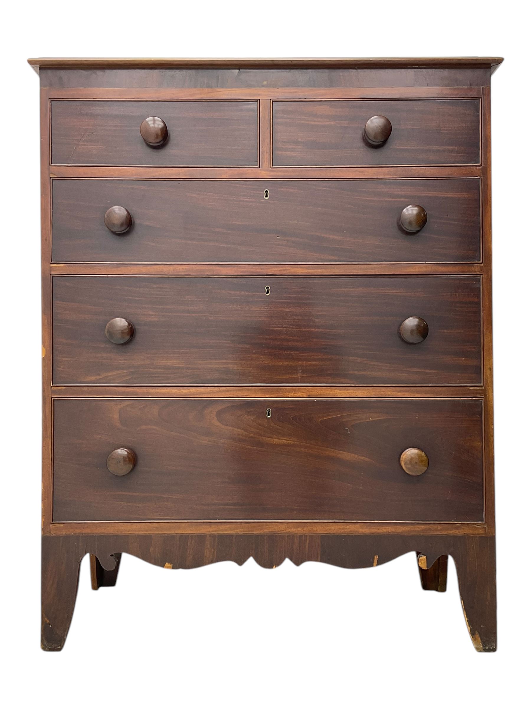 Victorian mahogany chest, rectangular top with moulded edge over two short and three long cockbeaded graduated drawers, on shaped bracket feet