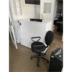 Three stage reception counter, with desk chair. ALL GOODS MUST BE REMOVED BY WEDNESDAY 15TH JUNE.