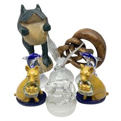 Pair of Staffordshire style pigs, together with a pair of glass dolphins, two other glass ornaments and two wooden sculptures