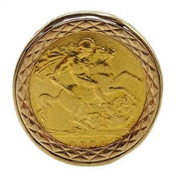 1982 gold half sovereign, loose mounted in 9ct gold ring, approx 7.6gm