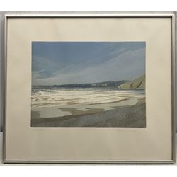 Michael Fairclough (British 1940-): 'Church Cove and Mullion Island' and 'Towards Solva - Newgale Sands', pair coloured etchings with aquatint signed and numbered in pencil pub. Christie's Contemporary Art, certificates verso 39cm x 30cm (2)