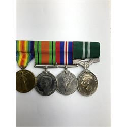 Two WWI medals, comprising War and Victory medal awarded to 308572  Private O Roberts, together with three WWII medals comprising Air Efficiency award, the defence and service medal, awarded to 865692 Corporal O Roberts