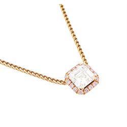 18ct rose gold diamond pendant necklace, the principal asscher cut white diamond of 0.71 carat, with round brilliant cut fancy pink diamond surround, total pink diamond weight 0.12 carat, with International Gemological Report