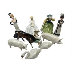 Group of figures, comprising Beswick CH. Wall Queen 40, Ch Wall Champion Boy 53, bay foal and two swans, together with Royal Doulton Heather and Buttercup ladies, Wedgwood Hyde Park Collection Victoria and Antonia, and Royal Worcester F.G. Doughty Snowy (10)