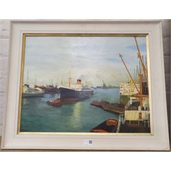 DB Christian (20th century): SS Athenic in a Busy Harbour, oil on board signed 45cm x 58cm