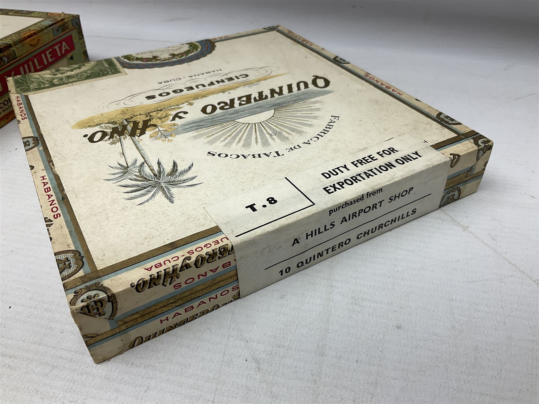 Victorian leather cigar protector with metal match striking plate on the end, and quantity of boxed cigars, comprising Willem II Churchill cigar, Willem II double dutch, Quintero Y Hno Habana cigars and Romeo Y Julieta, habana